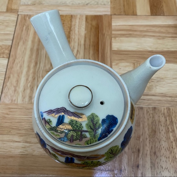 Vintage Japanese Kyusu Hand-painted Teapot Village Scene Teapot & 5 Cups Set - Picture 8 of 15